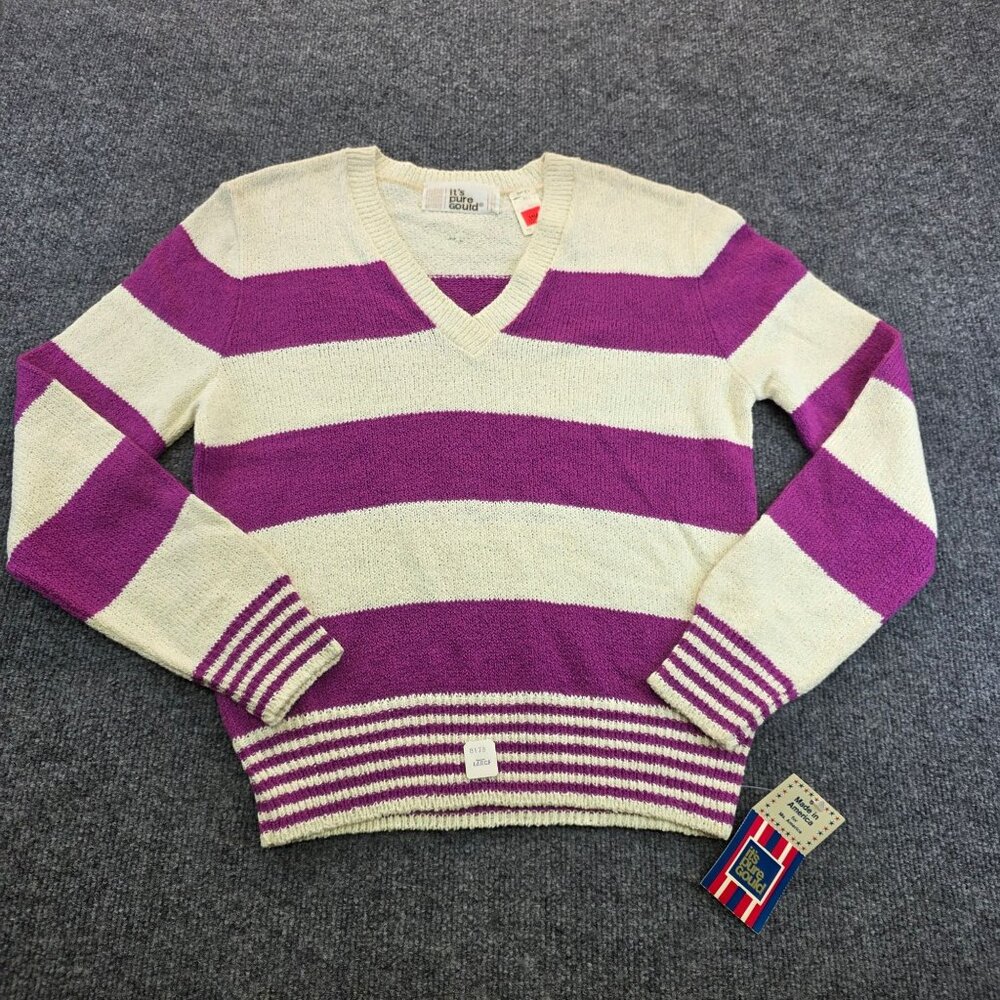 Vintage It's Pure Gould V Neck Striped Sweater L Purple Retro Indie Twee 90s